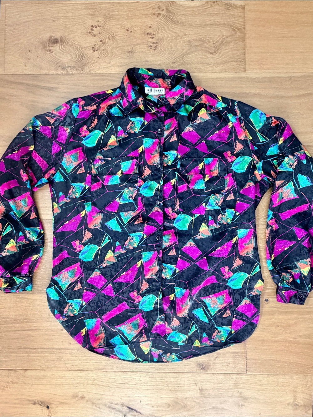 VTG 80s All Hours Neon Black Geometric Abstract Satin Button Down Shirt Womens M